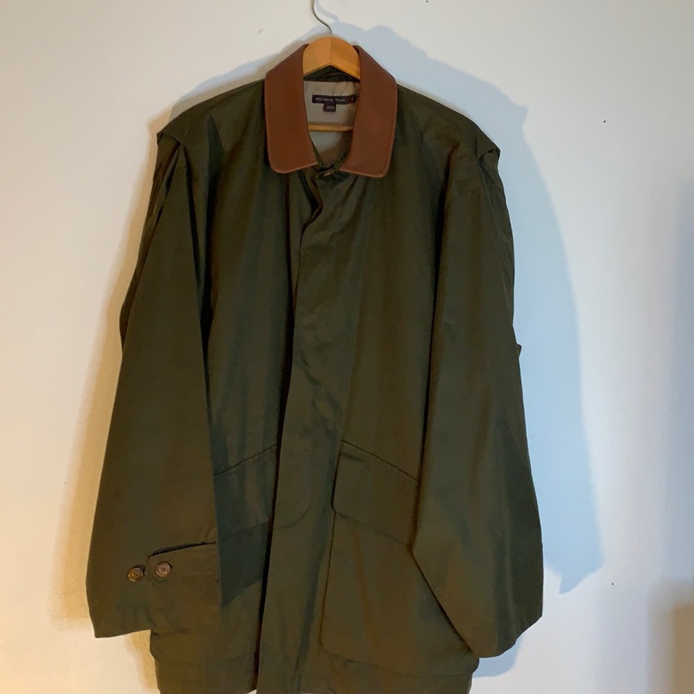McKenzie Tribe Olive Green Trench Coat with Brown Leather Collar  Size XL